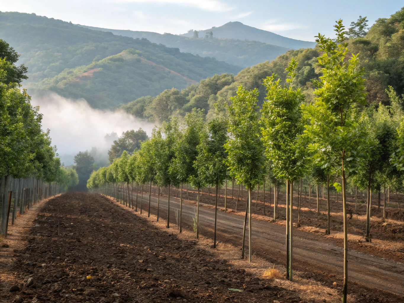 Expansive green reforestation and natural carbon sink landscape under clear sky