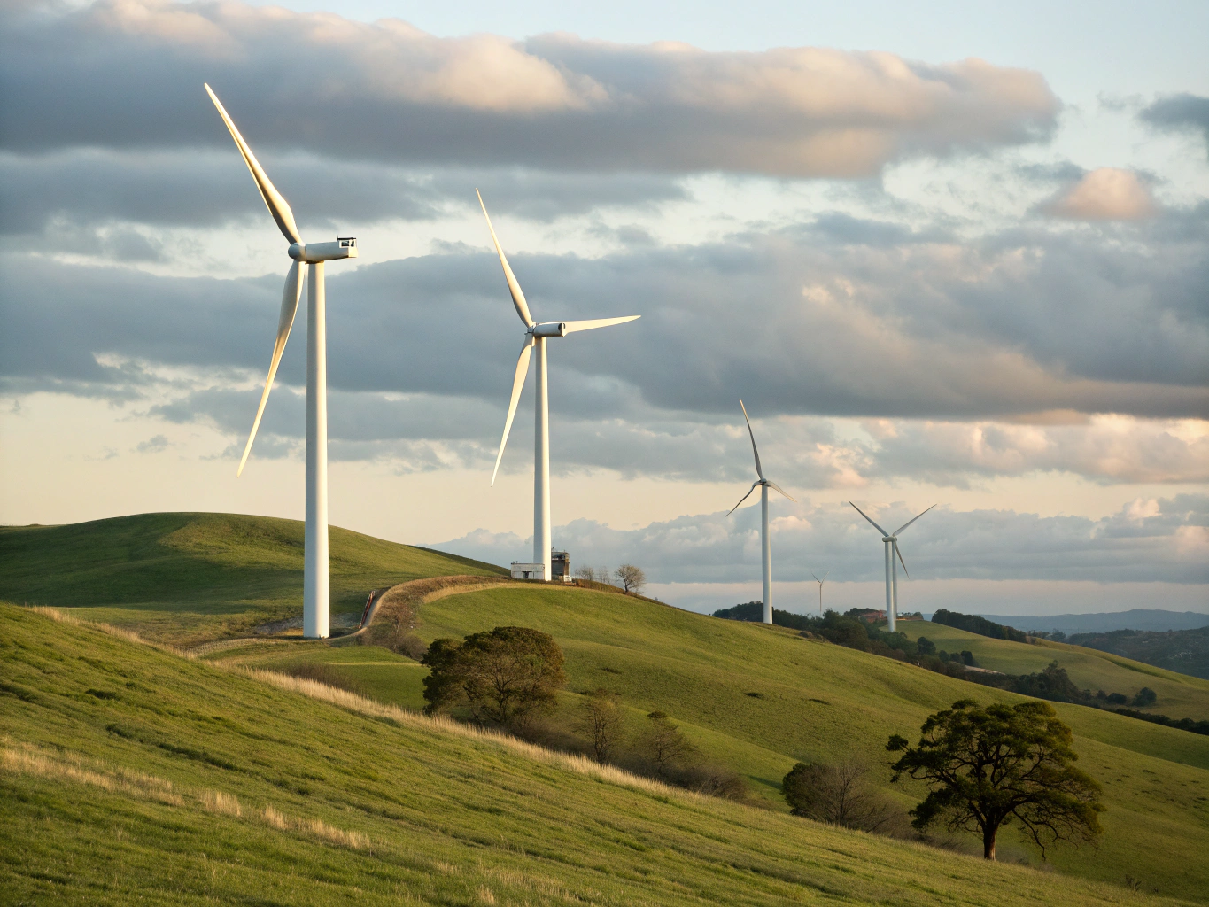 Modern renewable wind energy turbines operating harmoniously in green pastureland