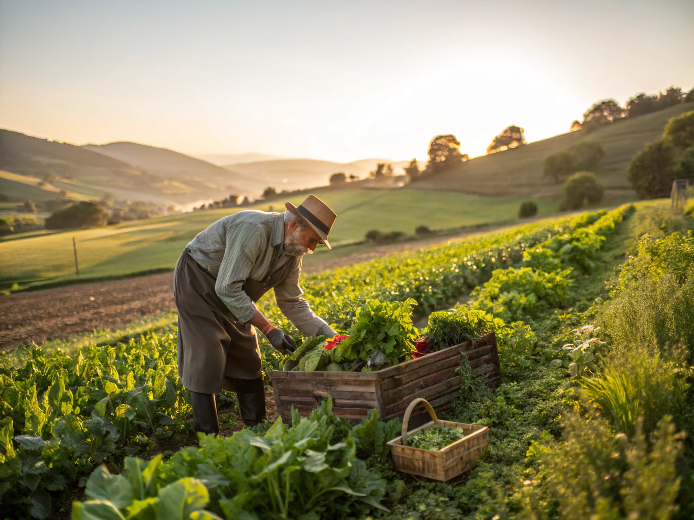 Farmer harvesting fresh organic crops in a rowed field with a wooden harvest box