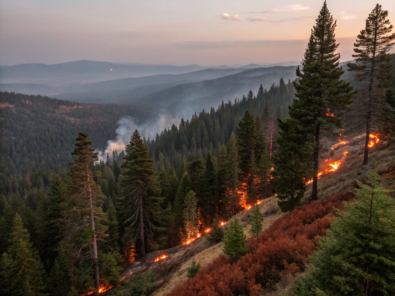 Forest wildfire with glowing embers and rising smoke along the tree line