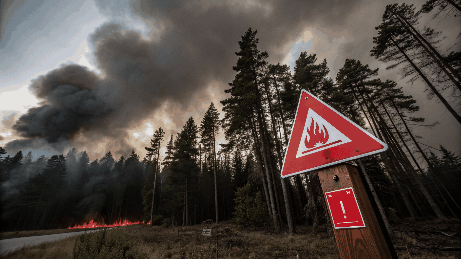 Forest illuminated by intense wildfire at dusk with smoky skies